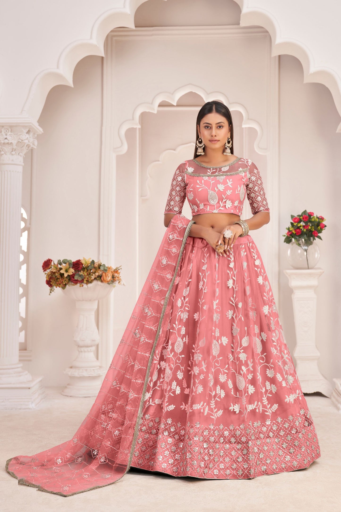 Pink Butterfly Net Embroidery And Thread Worked Wedding Wear Lehenga Choli