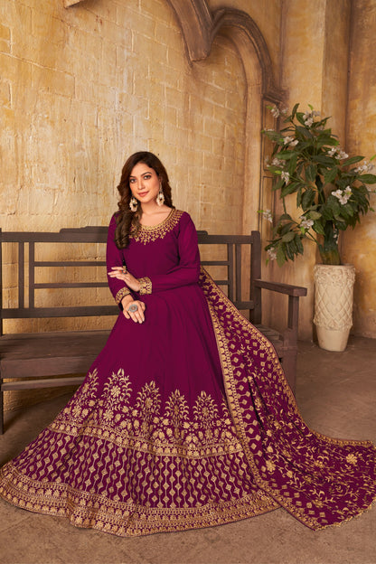 Rani Pink Heavy Georgette Embroidery Worked Wedding & Festival Wear Anarkali Gown