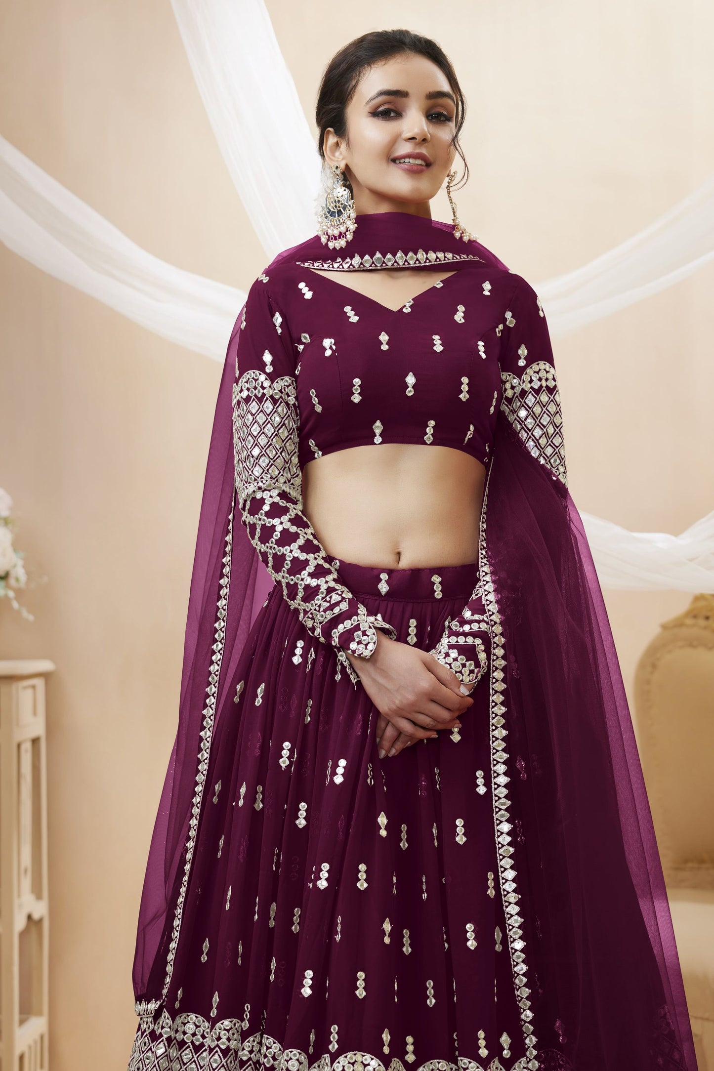 Attractive Wine Colored Heavy Georgette Lehenga Choli With Embroidery Worked Dupatta - Marriott Fashion