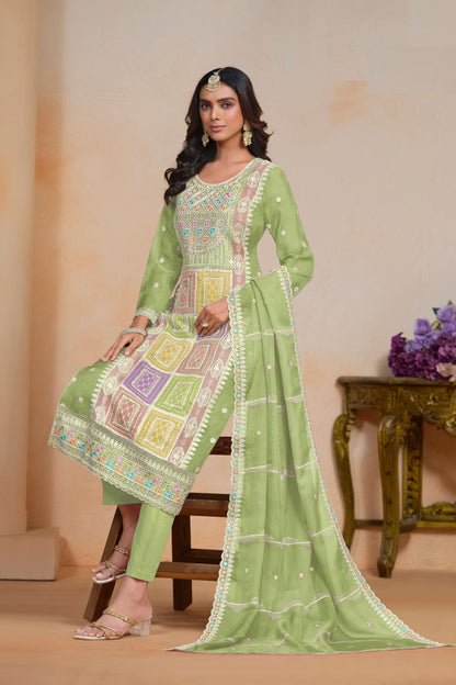 Most Beautiful Pista Colored Salwar Suit In Soft Organza With Embroidery Worked Dupatta , Attractive Salwar Suits - Marriott Fashion