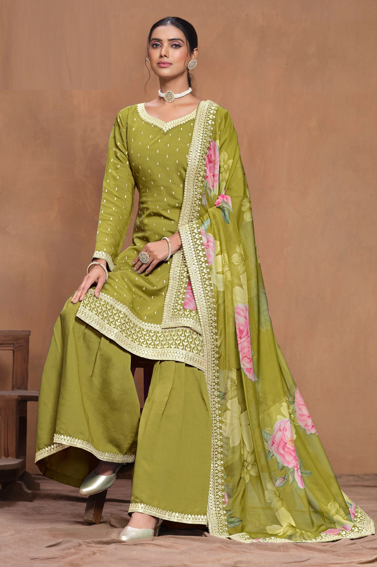 Olive green Heavy Silk Embroidery Worked Indian Festival Wear Palazzo Suit