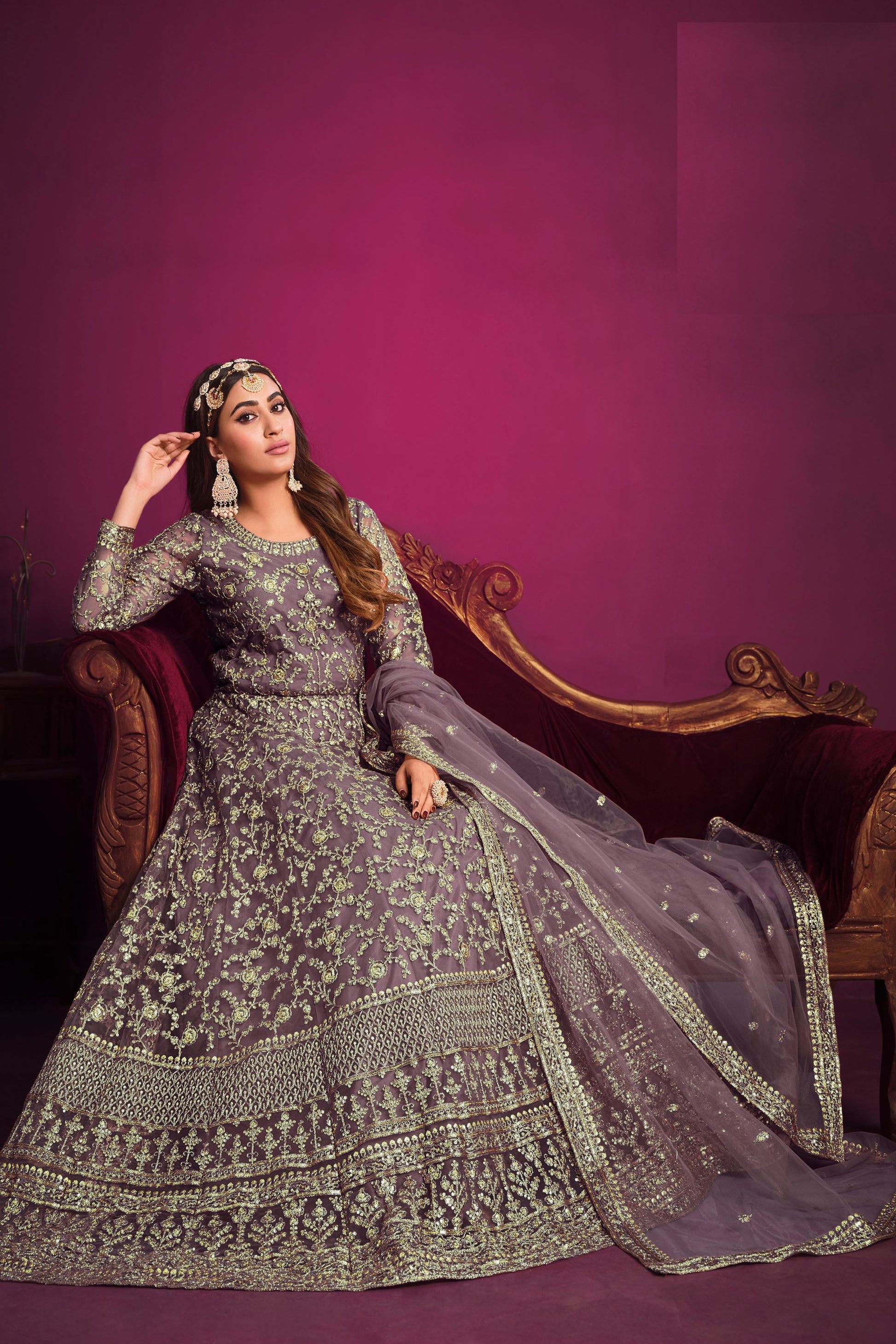 Wedding Party Wear Purple Colored Net Salwar Kameez, Santool Bottom And Designer Dupatta - Marriott Fashion