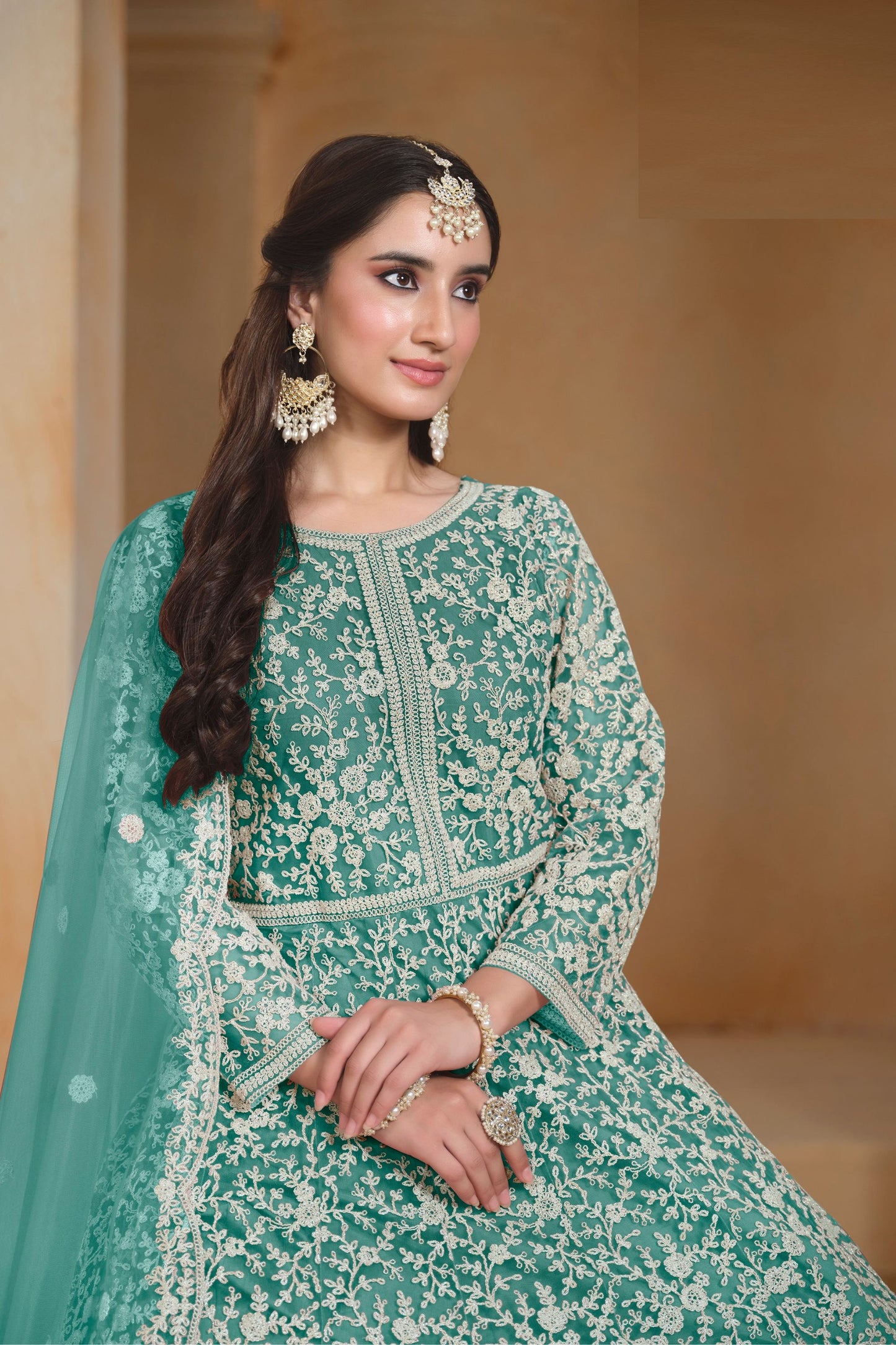 Sea Green Colored Heavy Net Anarkali Gown , Wedding & Reception Outfit Wear Pakistani Salwar Kameez - Marriott Fashion