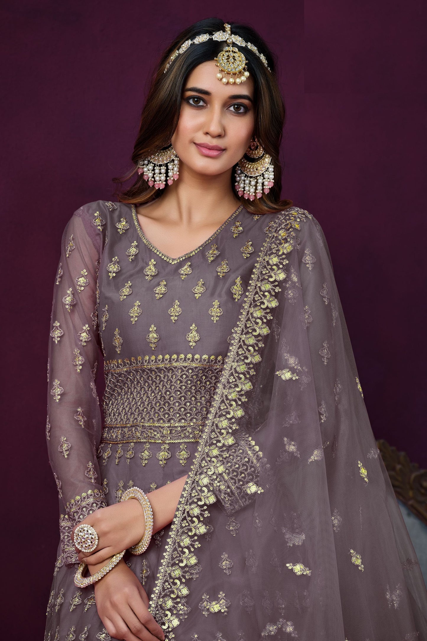 Purple Fancy Net Embroidered Work for Indian Wedding & Party Wear Long Anarkali Gown