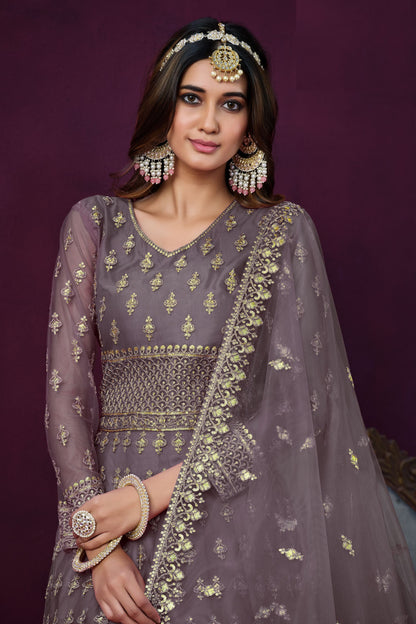 Purple Fancy Net Embroidered Work for Indian Wedding & Party Wear Long Anarkali Gown