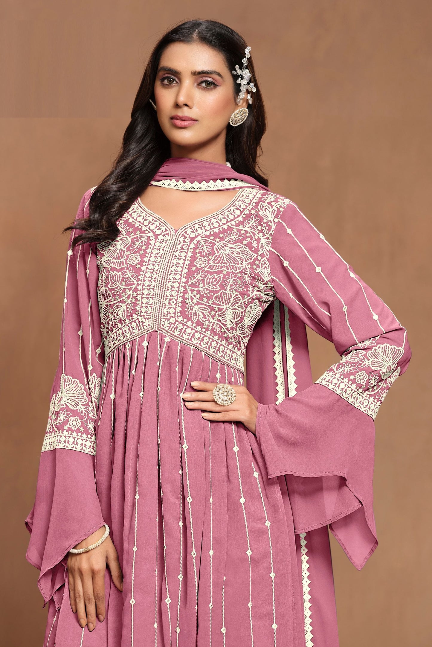 Pink Faux Georgette Embroidery Worked Wedding & Festival Wear Sharara Suits