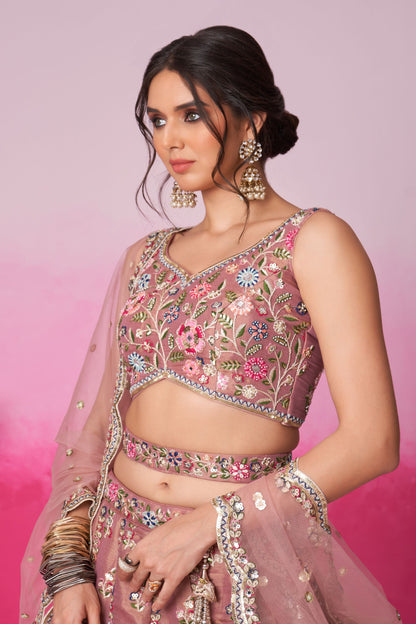 Rose Gold Heavy Net Sequence Worked Wedding Wear Lehenga Choli