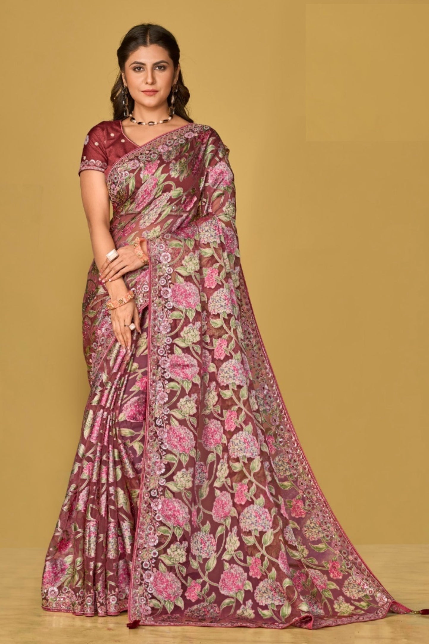 Mustad Colored Soft Organza Embroidery Worked Indian Wedding & Function Wear Saree