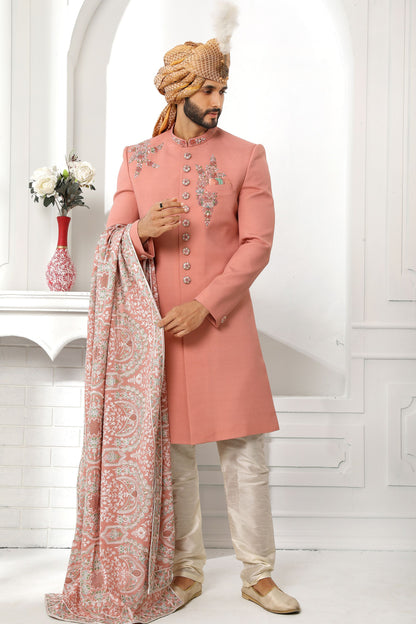 Designer Cream Heavy Art Silk Embroidery Worked Wedding & Festival Wear Sherwani