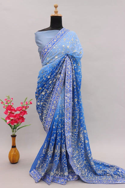 Blue Designer Georgette Sequence Worked Party Wear Saree