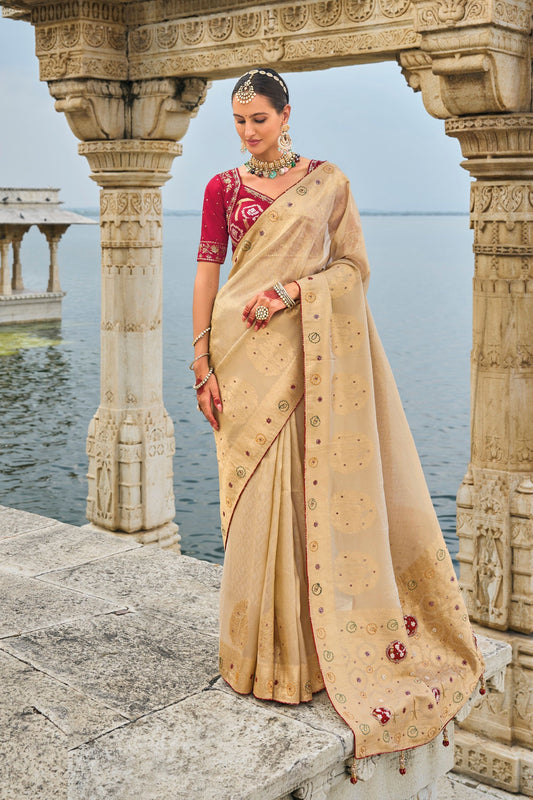 Chiku Pure Kanjivaram Silk Moti And Cut Dana Worked Indian Wedding Wear Saree