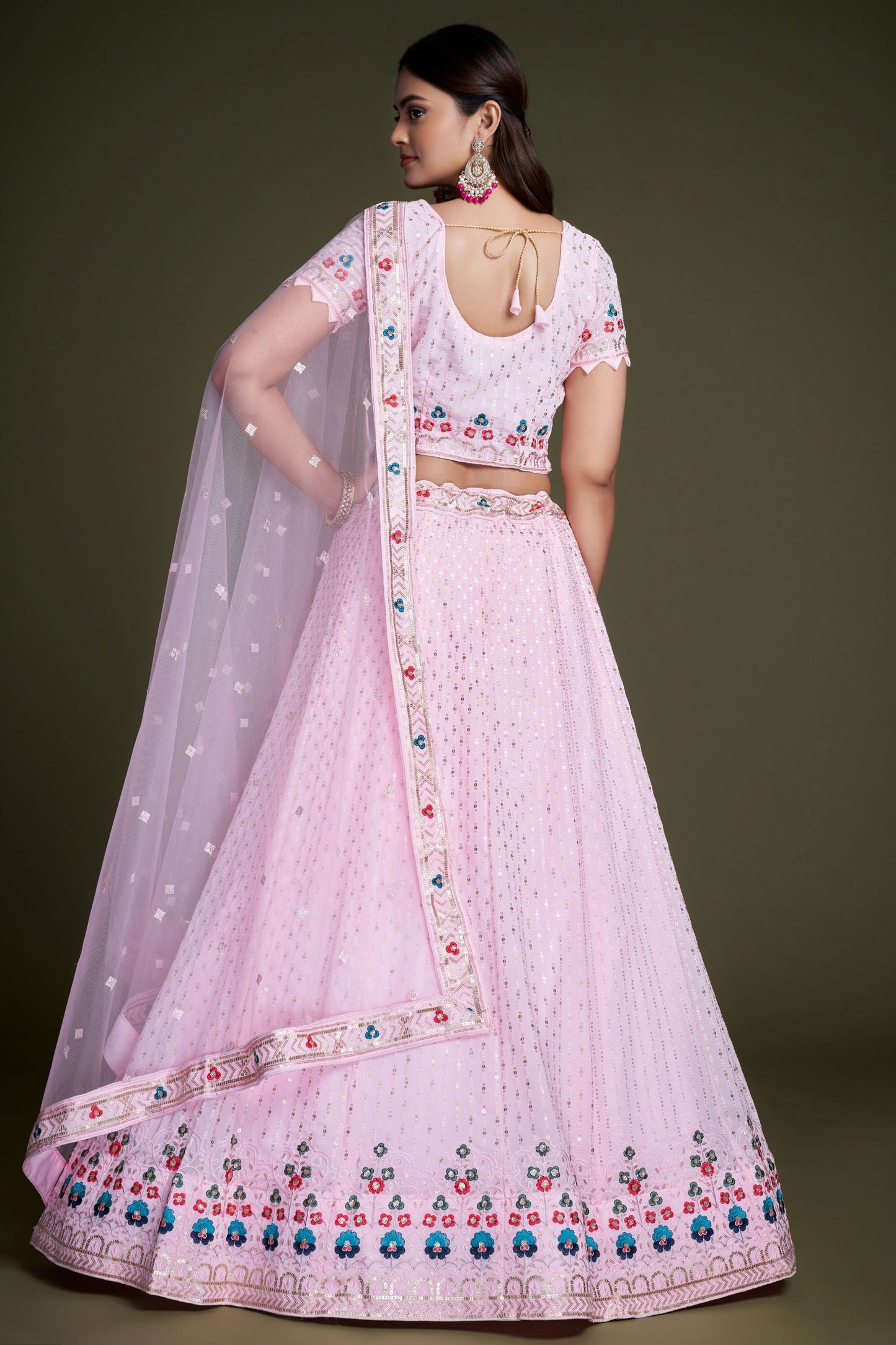 Baby Pink Faux Georgette Lehenga Choli With Embroidery & Sequence Worked Dupatta, Floral Outfit Wear Trendy Lehenga Choli - Marriott Fashion