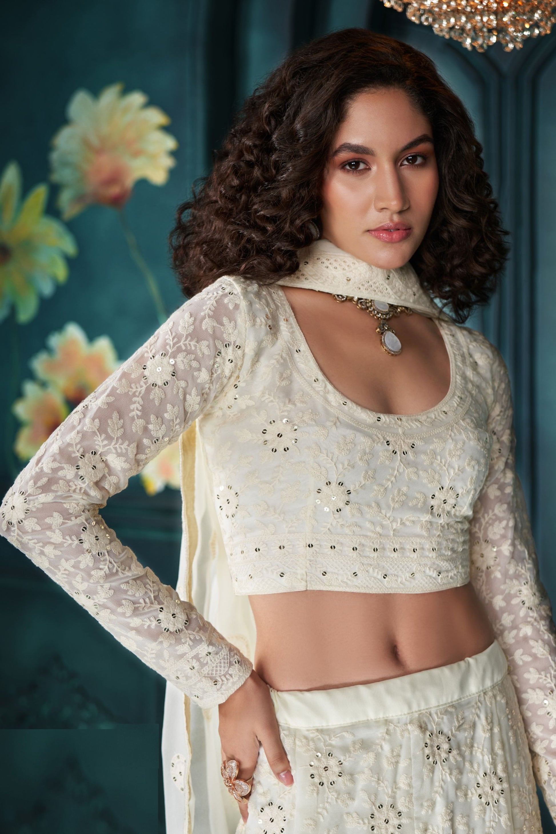 Engagement Outfit Wear White Colored Net Lehenga Choli With Designer Dupatta, Stone & Embroidery Worked Attractive Lehenga Choli - Marriott Fashion