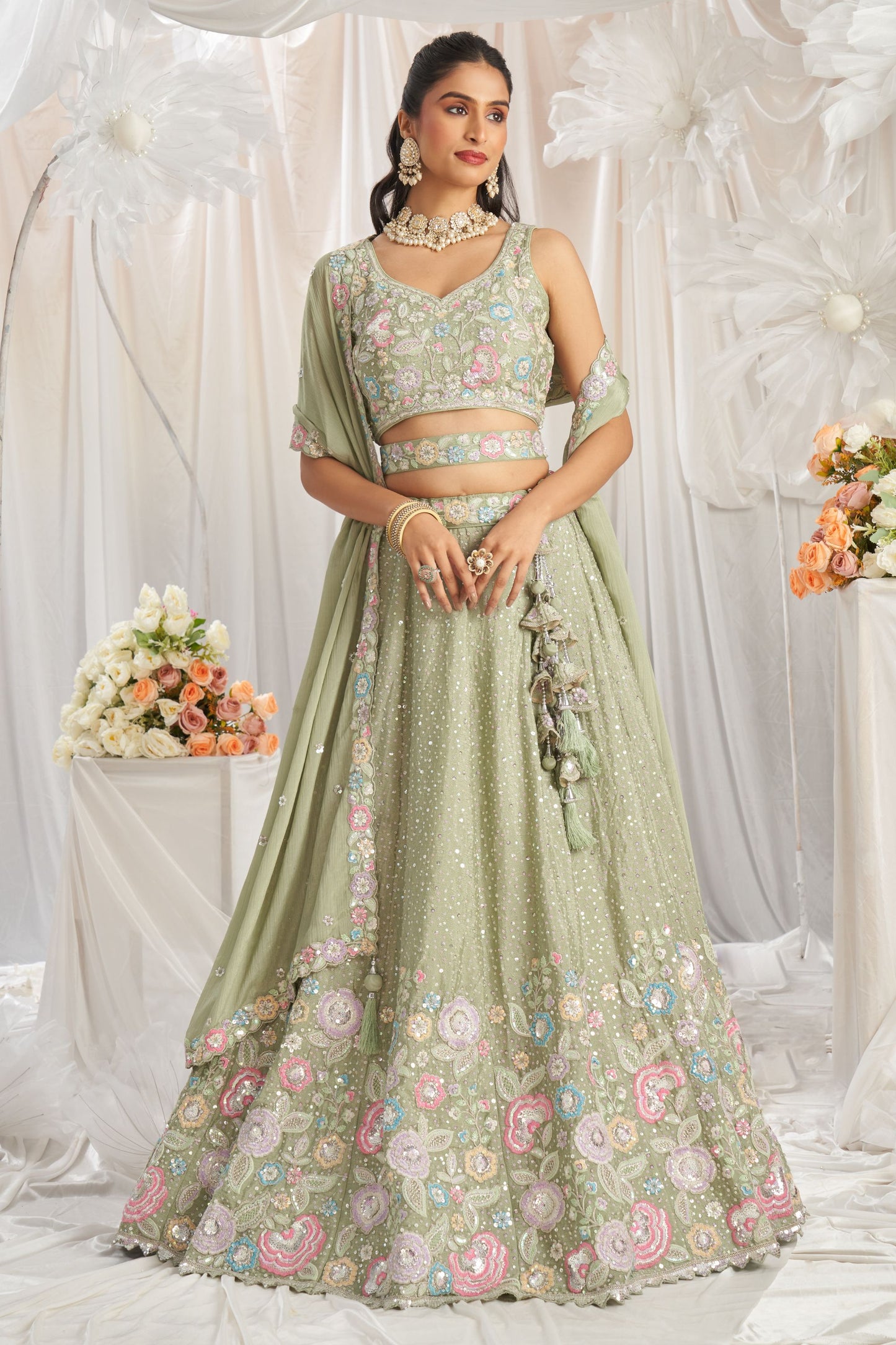 Lemon Green Poly Chiffon Sequence & Thread Worked Indian Wedding & Engagement Wear Lehenga Choli