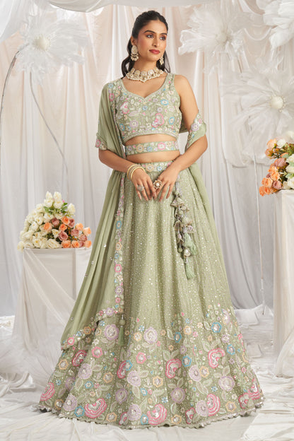 Lemon Green Poly Chiffon Sequence & Thread Worked Indian Wedding & Engagement Wear Lehenga Choli