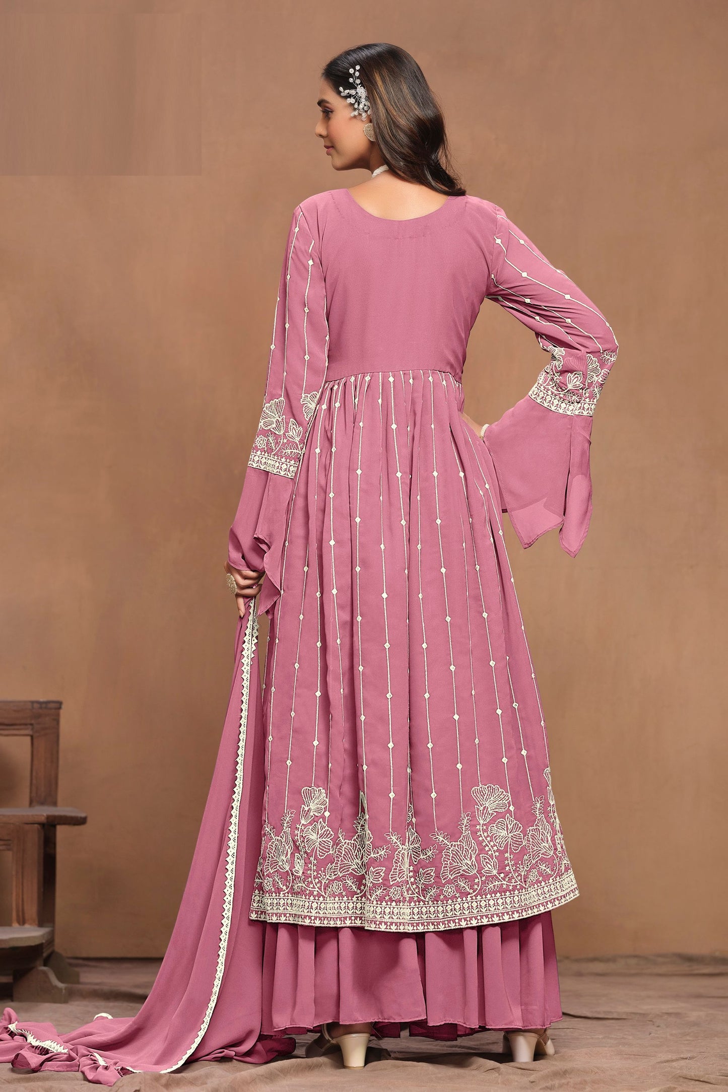 Pink Faux Georgette Embroidery Worked Wedding & Festival Wear Sharara Suits