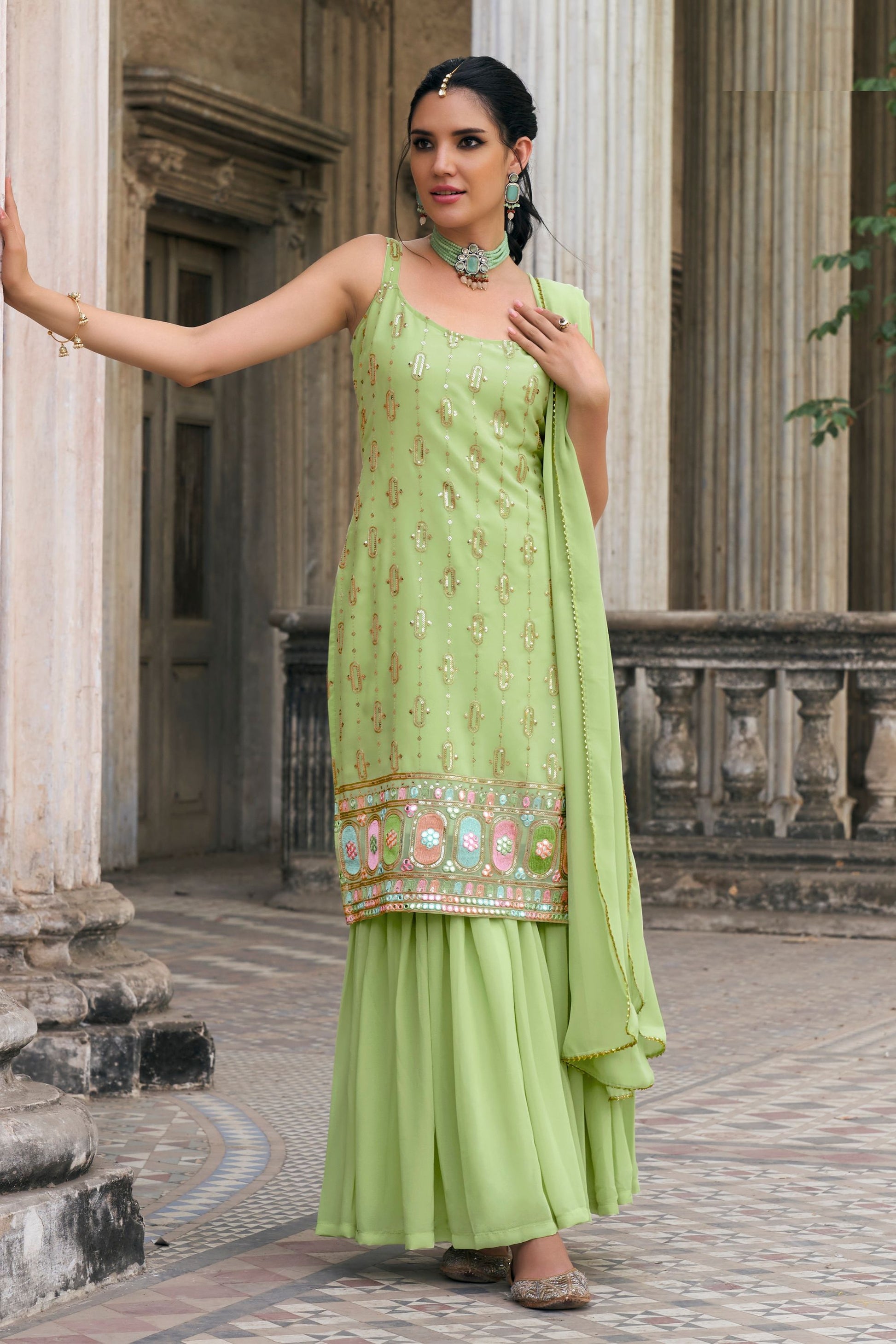 Attractive Pista Green Colored Faux Georgette Sharara Suits With Designer Embroidered Dupatta , Festival Wear Fancy Dresses - Marriott Fashion