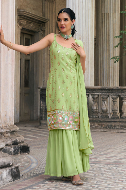 Attractive Pista Green Colored Faux Georgette Sharara Suits With Designer Embroidered Dupatta , Festival Wear Fancy Dresses - Marriott Fashion