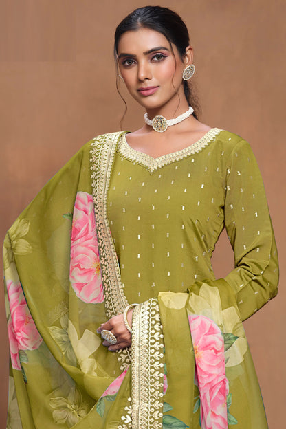 Olive green Heavy Silk Embroidery Worked Indian Festival Wear Palazzo Suit