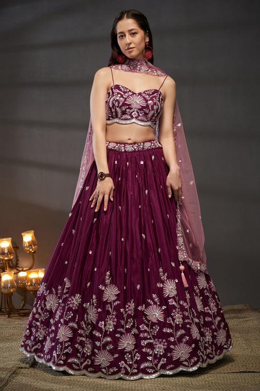 Burgundy Heavy Chiffon Sequence Worked Wedding Function Wear Fancy Lehenga Choli