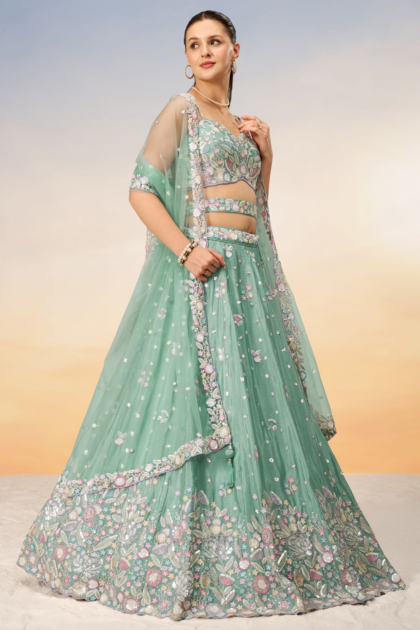 LimeGreen Poly Chiffon Thread Worked Wedding &Engagement Wear Attractive Lehenga Choli