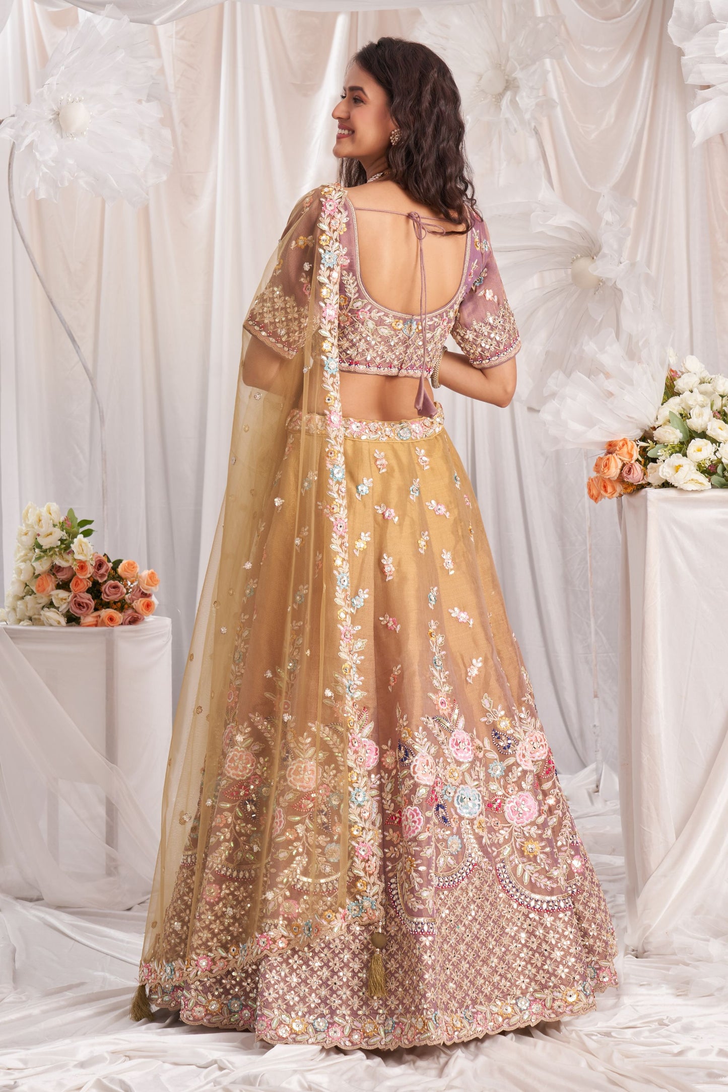 Rose Gold Tissue Silk Moti& Embroidery Worked Wedding Function Wear Lehenga Choli