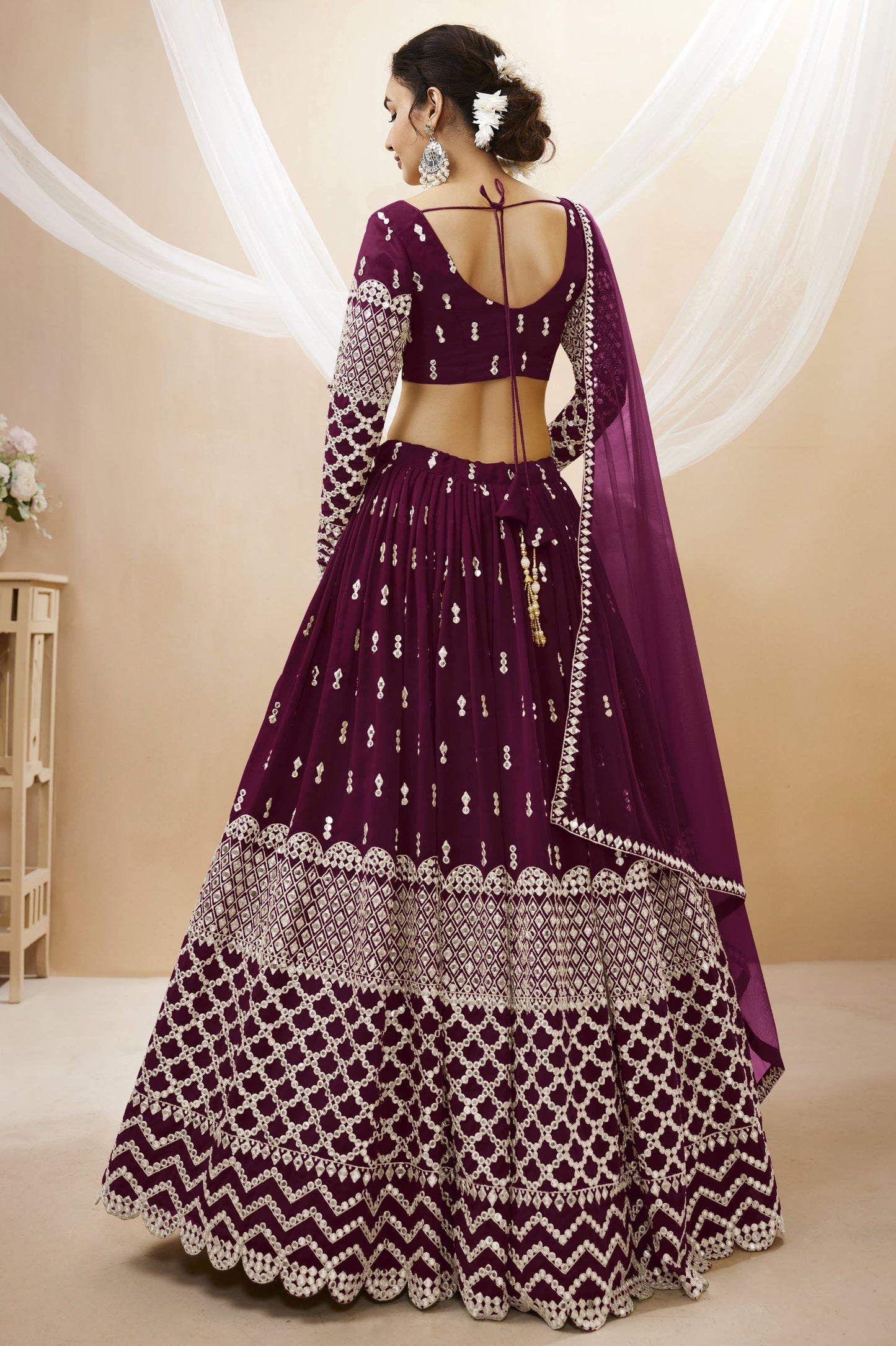 Attractive Wine Colored Heavy Georgette Lehenga Choli With Embroidery Worked Dupatta - Marriott Fashion