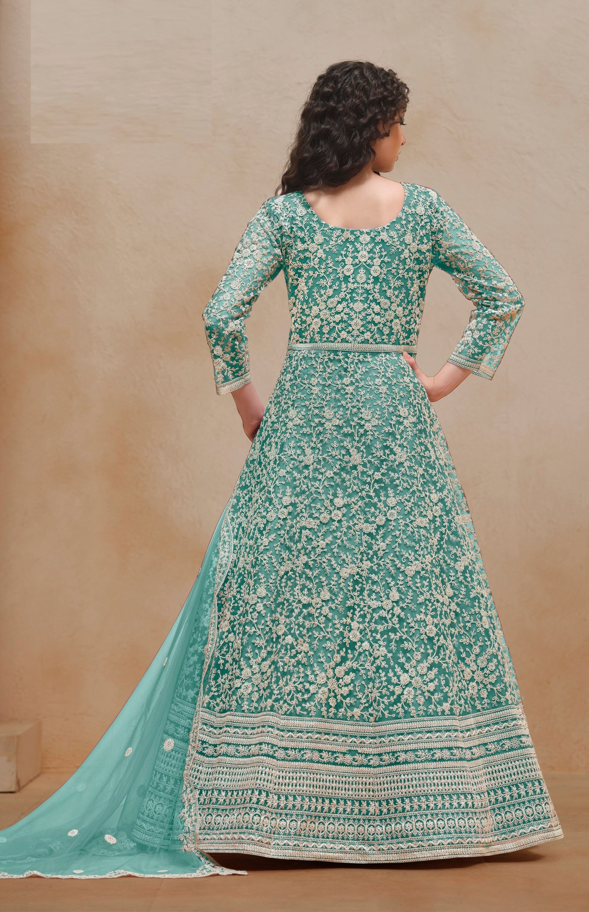 Sea Green Colored Heavy Net Anarkali Gown , Wedding & Reception Outfit Wear Pakistani Salwar Kameez - Marriott Fashion