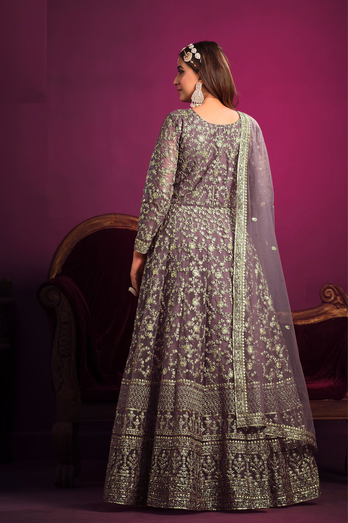 Wedding Party Wear Purple Colored Net Salwar Kameez, Santool Bottom And Designer Dupatta - Marriott Fashion