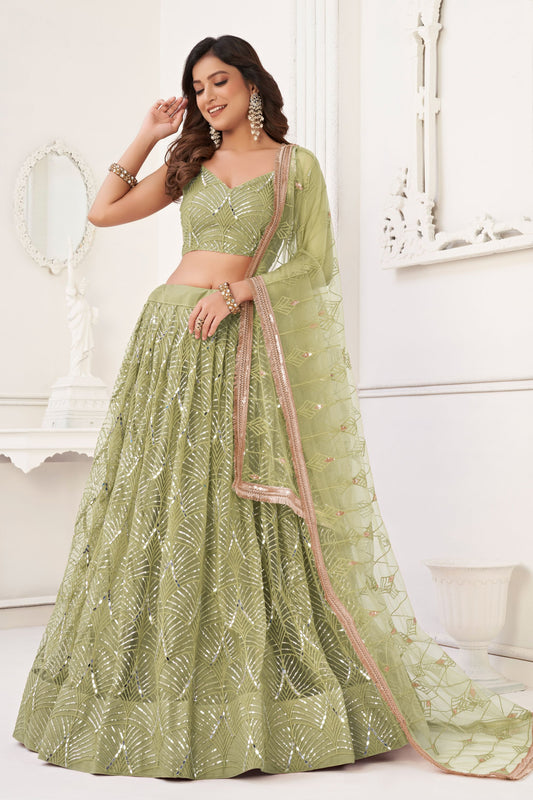 Pista Green Butterfly Net Lehenga Choli With Embroidered Dupatta, Engagement Outfit Wear Beautiful Lehenga Choli - Marriott Fashion