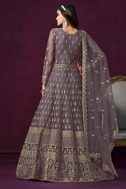 Purple Fancy Net Embroidered Work for Indian Wedding & Party Wear Long Anarkali Gown