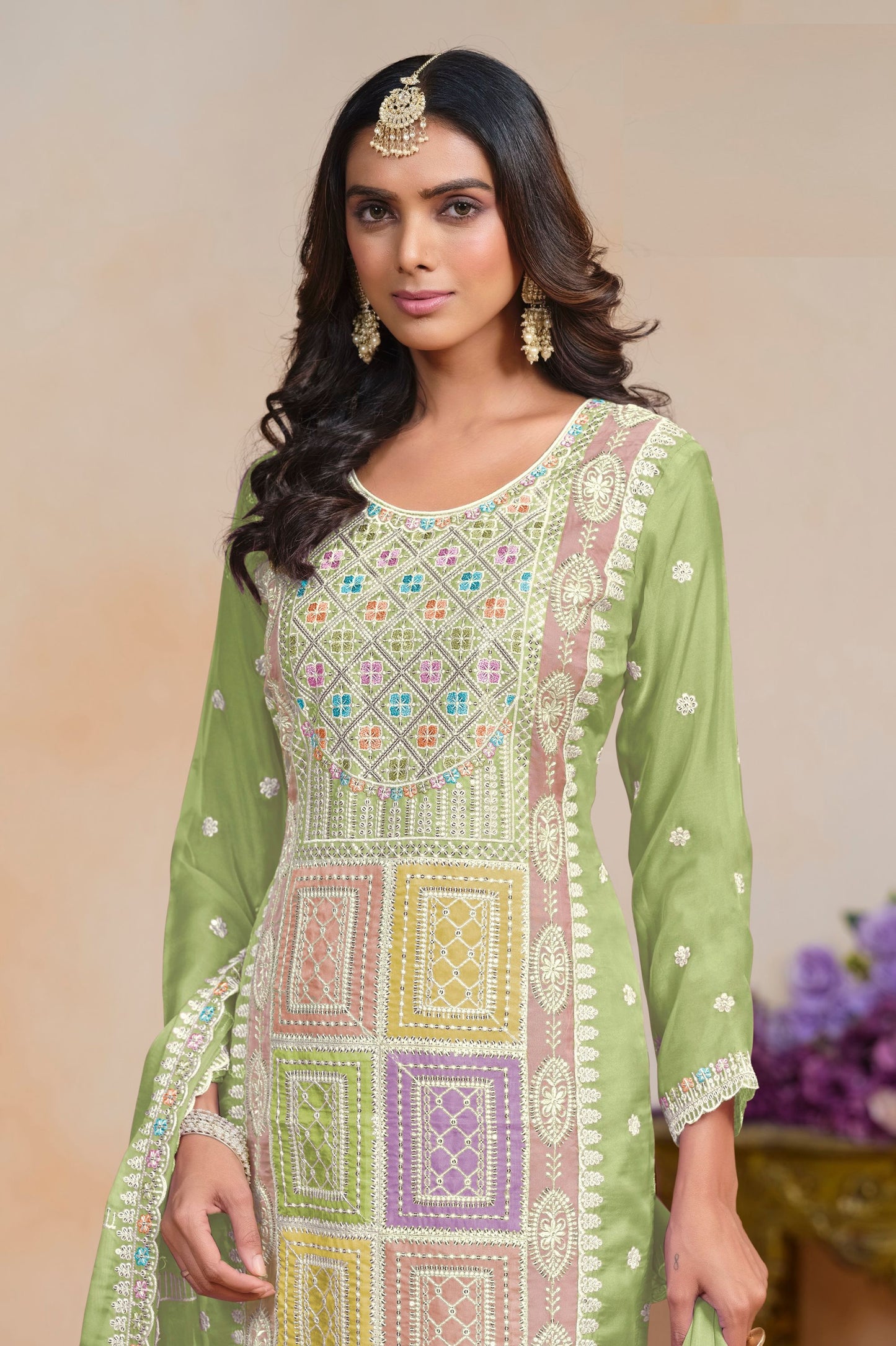 Most Beautiful Pista Colored Salwar Suit In Soft Organza With Embroidery Worked Dupatta , Attractive Salwar Suits - Marriott Fashion