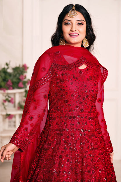 Attractive Red Heavy Net Embroidery Worked Wedding & Festival Wear Anarkali Gown