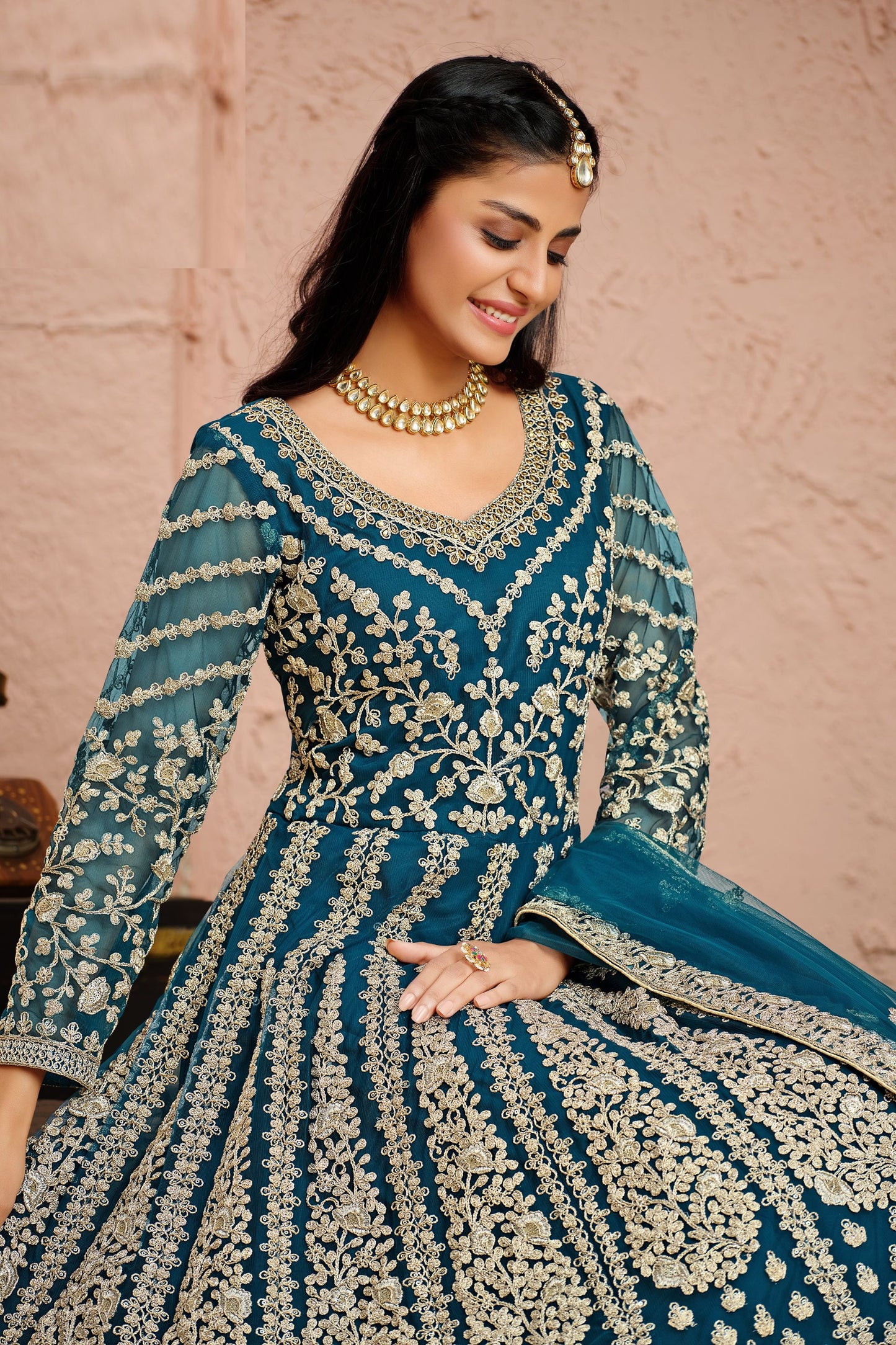 Blue Heavy Net Embroidery Worked Pakistani Wedding & Function Wear Anarkali Gown