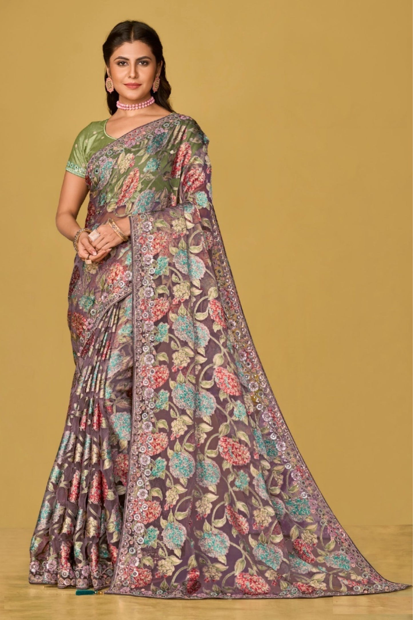 Mustad Colored Soft Organza Embroidery Worked Indian Wedding & Function Wear Saree