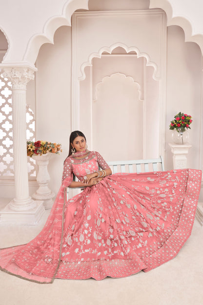 Pink Butterfly Net Embroidery And Thread Worked Wedding Wear Lehenga Choli