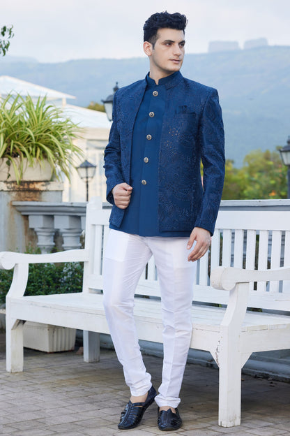 Blue Colored Art Silk Indo Western, Wedding Wear Jodhpuri Style Set For Men - Marriott Fashion