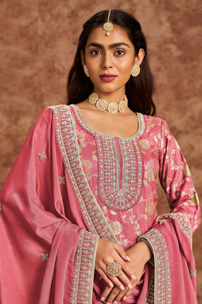 Baby Pink Heavy Dola Silk Jacquard Embroidery Worked For Indian Wedding & Festival Wear Salwar Kameez