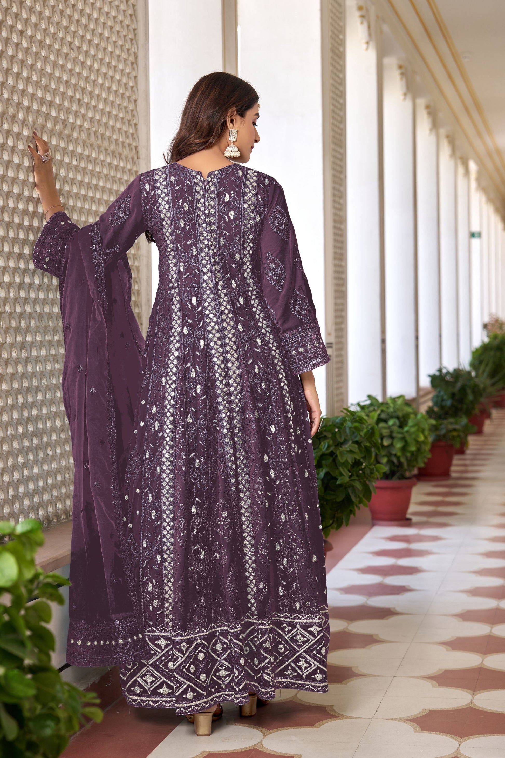 Purple Colored Heavy Faux Georgette Slit Style Salwar Suits, Dull Santoon Bottom With Organza Dupatta - Marriott Fashion