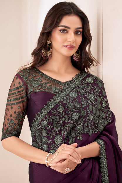 Black Bollywood style Satin Chiffon Embroidery Worked Wedding & Function Wear Saree