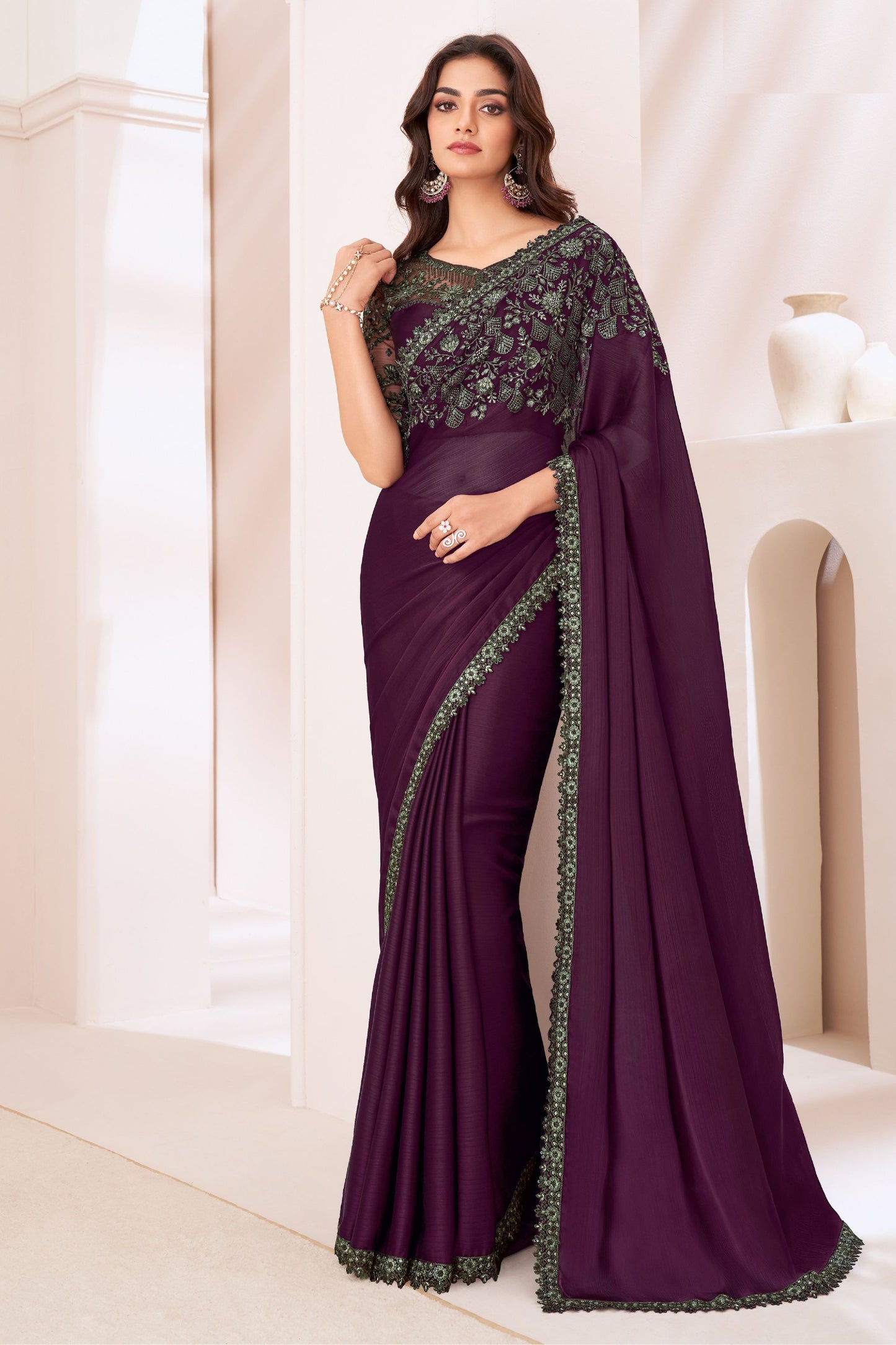 Black Bollywood style Satin Chiffon Embroidery Worked Wedding & Function Wear Saree