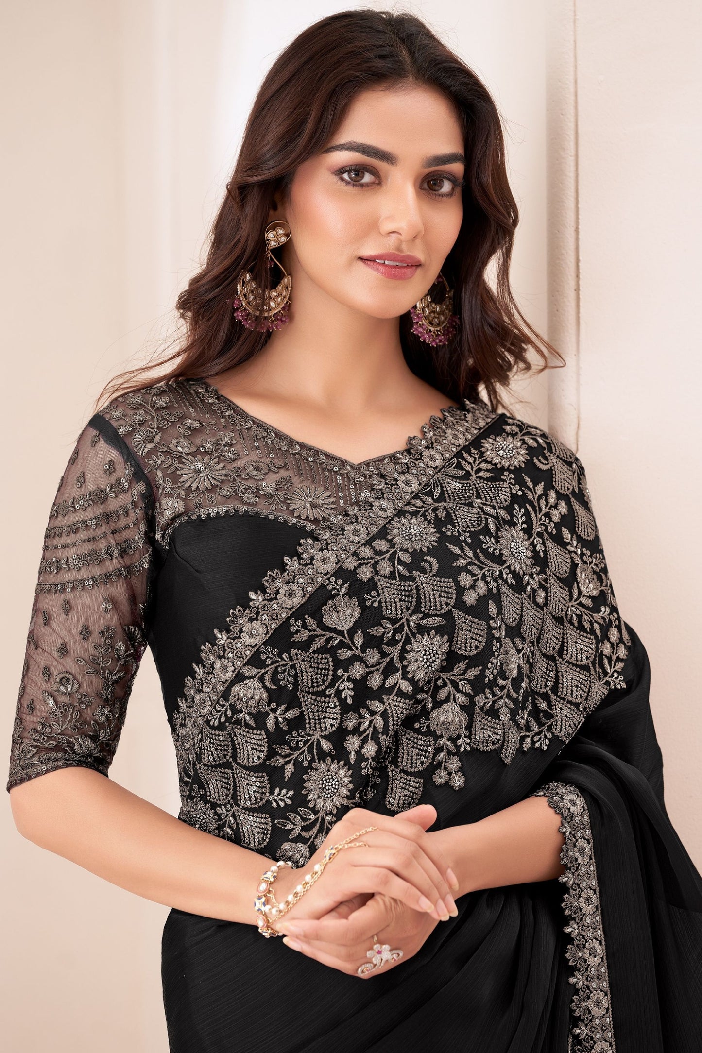 Black Bollywood style Satin Chiffon Embroidery Worked Wedding & Function Wear Saree