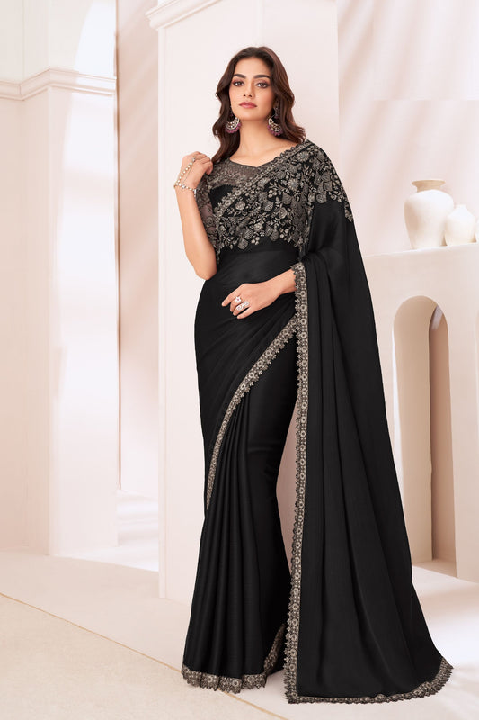 Black Bollywood style Satin Chiffon Embroidery Worked Wedding & Function Wear Saree