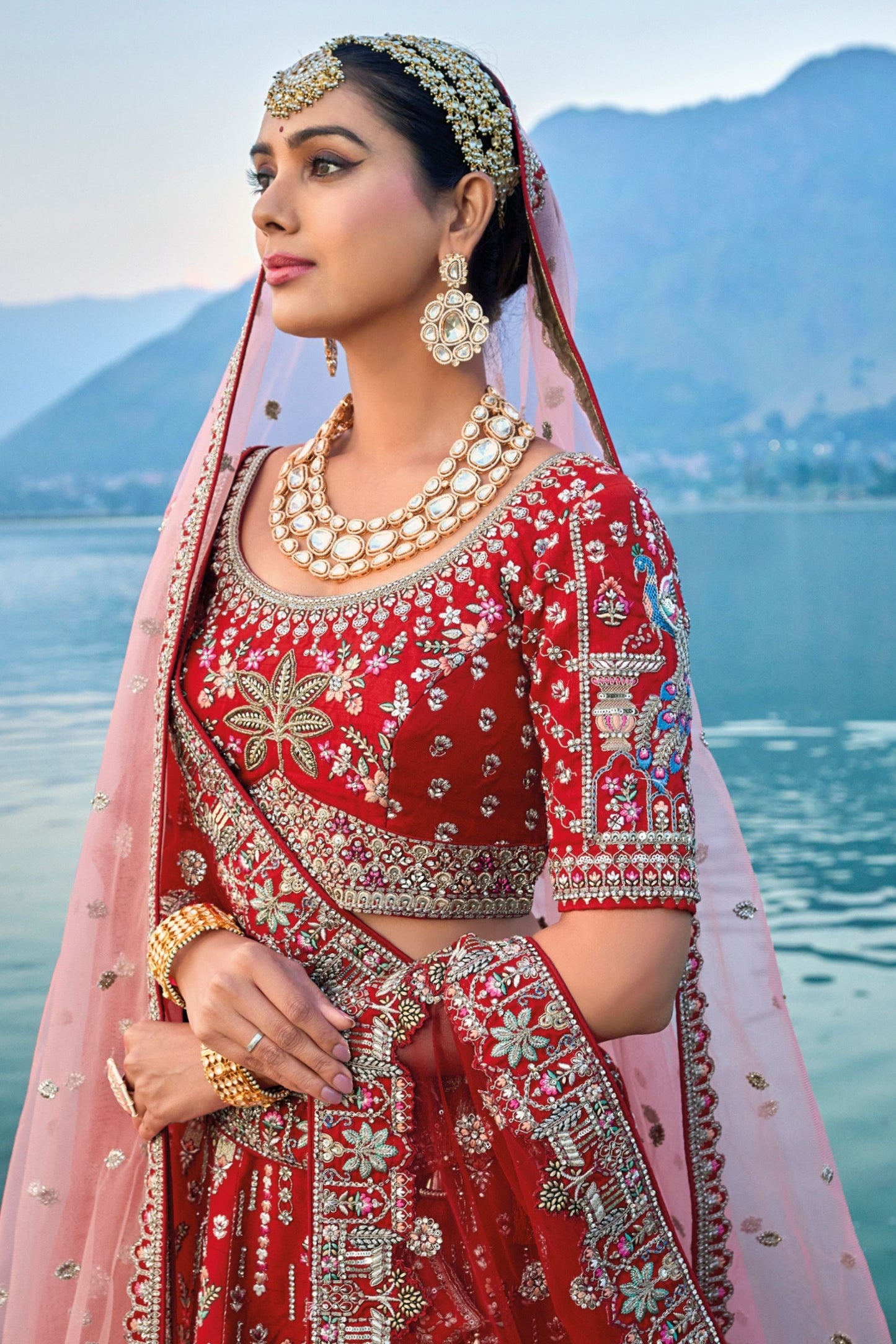 Bridal Red Designer Heavy Silk Bridesmaid Lehenga Choli With Diamond Worked Soft Net Dupatta - Marriott Fashion