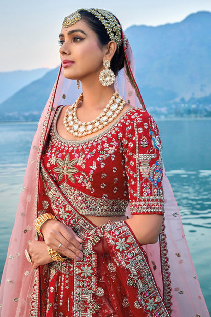 Bridal Red Designer Heavy Silk Bridesmaid Lehenga Choli With Diamond Worked Soft Net Dupatta - Marriott Fashion