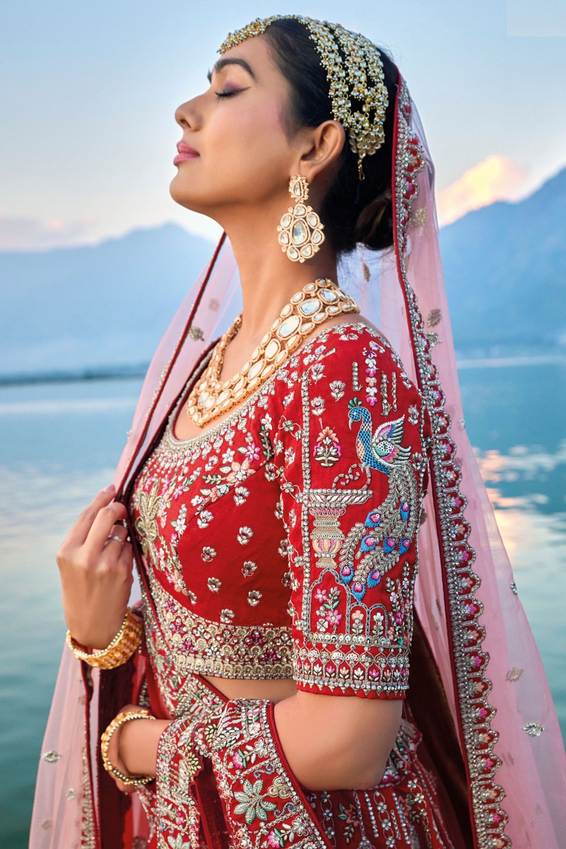 Bridal Red Designer Heavy Silk Bridesmaid Lehenga Choli With Diamond Worked Soft Net Dupatta - Marriott Fashion