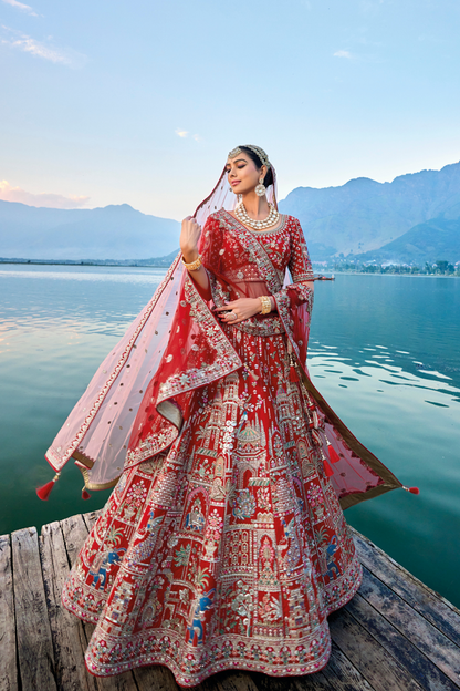 Bridal Red Designer Heavy Silk Bridesmaid Lehenga Choli With Diamond Worked Soft Net Dupatta - Marriott Fashion