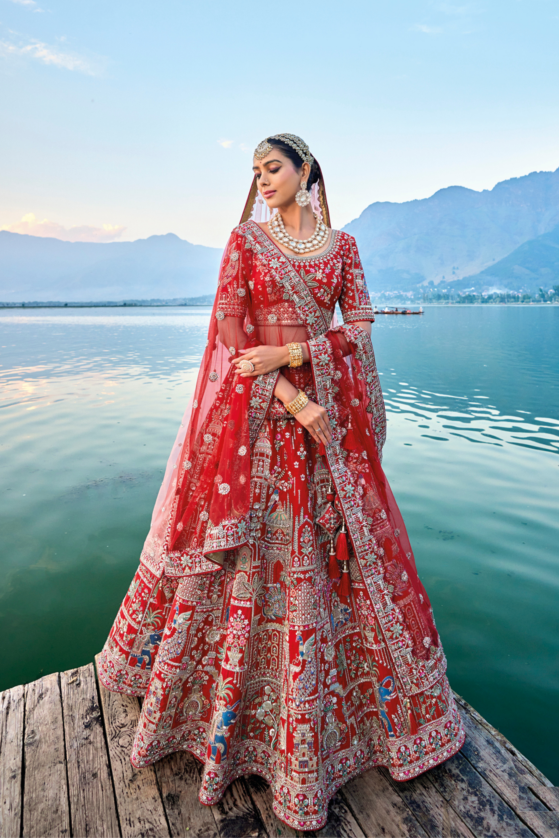 Bridal Red Designer Heavy Silk Bridesmaid Lehenga Choli With Diamond Worked Soft Net Dupatta - Marriott Fashion