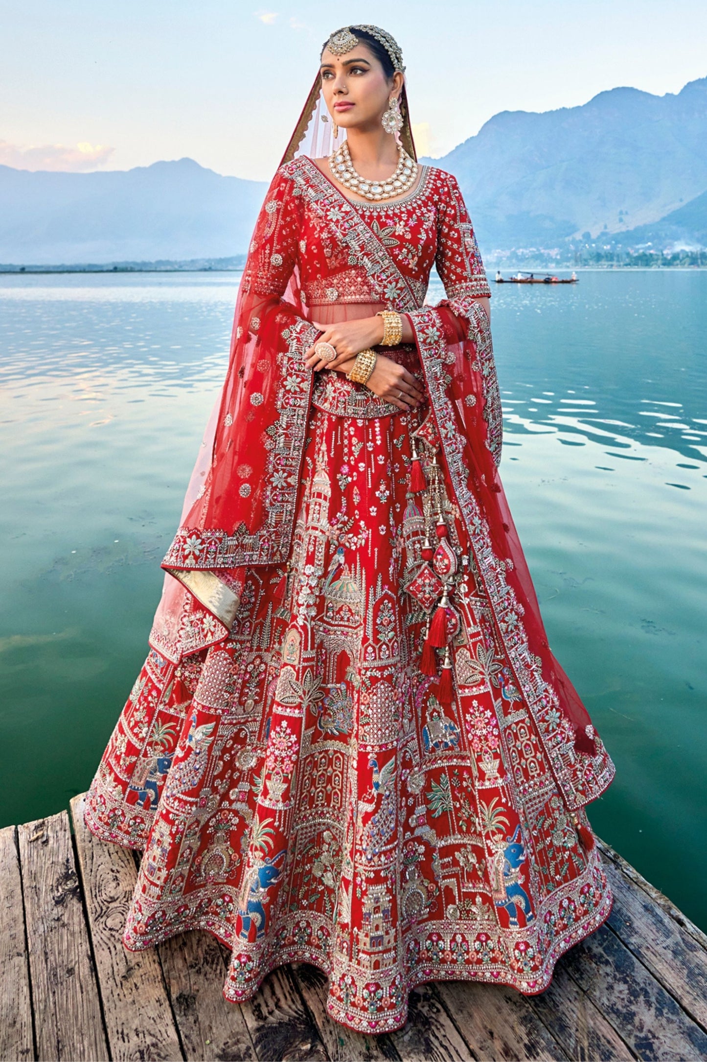 Bridal Red Designer Heavy Silk Bridesmaid Lehenga Choli With Diamond Worked Soft Net Dupatta - Marriott Fashion