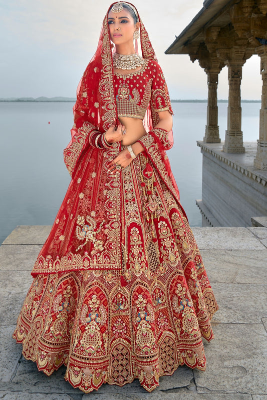 Bridal Wear Marron Silk Lehenga, Un Stitch Blouse Piece With Beautiful Embroidered Net Dupatta - Marriott Fashion